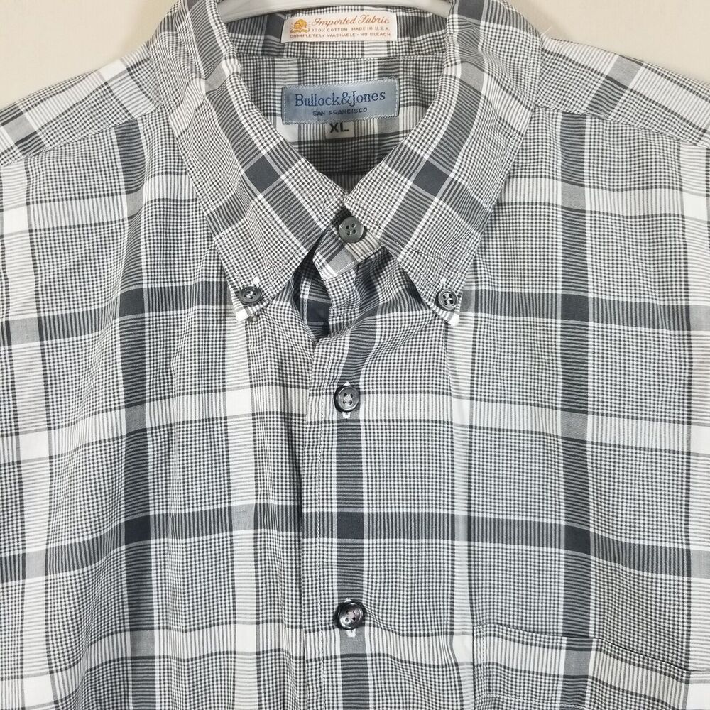 Bullock & Jones Shirt Men XL White Gray Check Plaid Button Down Dress USA